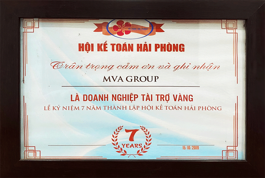 Bằng cảm ơn MVA là nhà tài trợ vàng kỷ niệm thành lập hội kế toán Hải Phòng