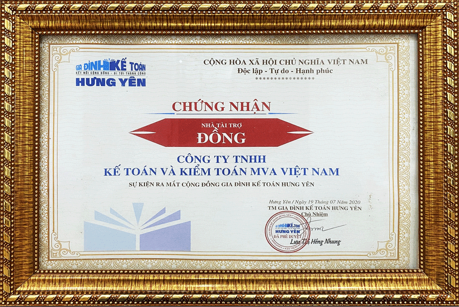 Chứng nhận MVA nhà tài trợ đồng kỷ niệm thành lập gia đình kế toán Hưng Yên